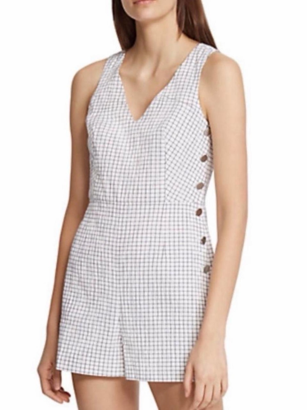 Club Monaco White Cahdell Check Sleeveless V-neck Side Button Romper/Jumpsuit 2